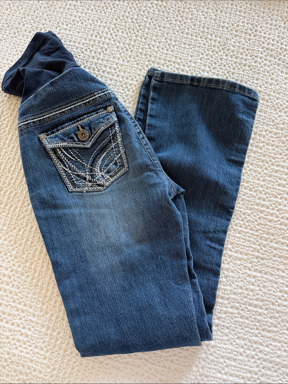 Indigo Blue Dark Wash Flare Jeans with Embroidered Back Pocket